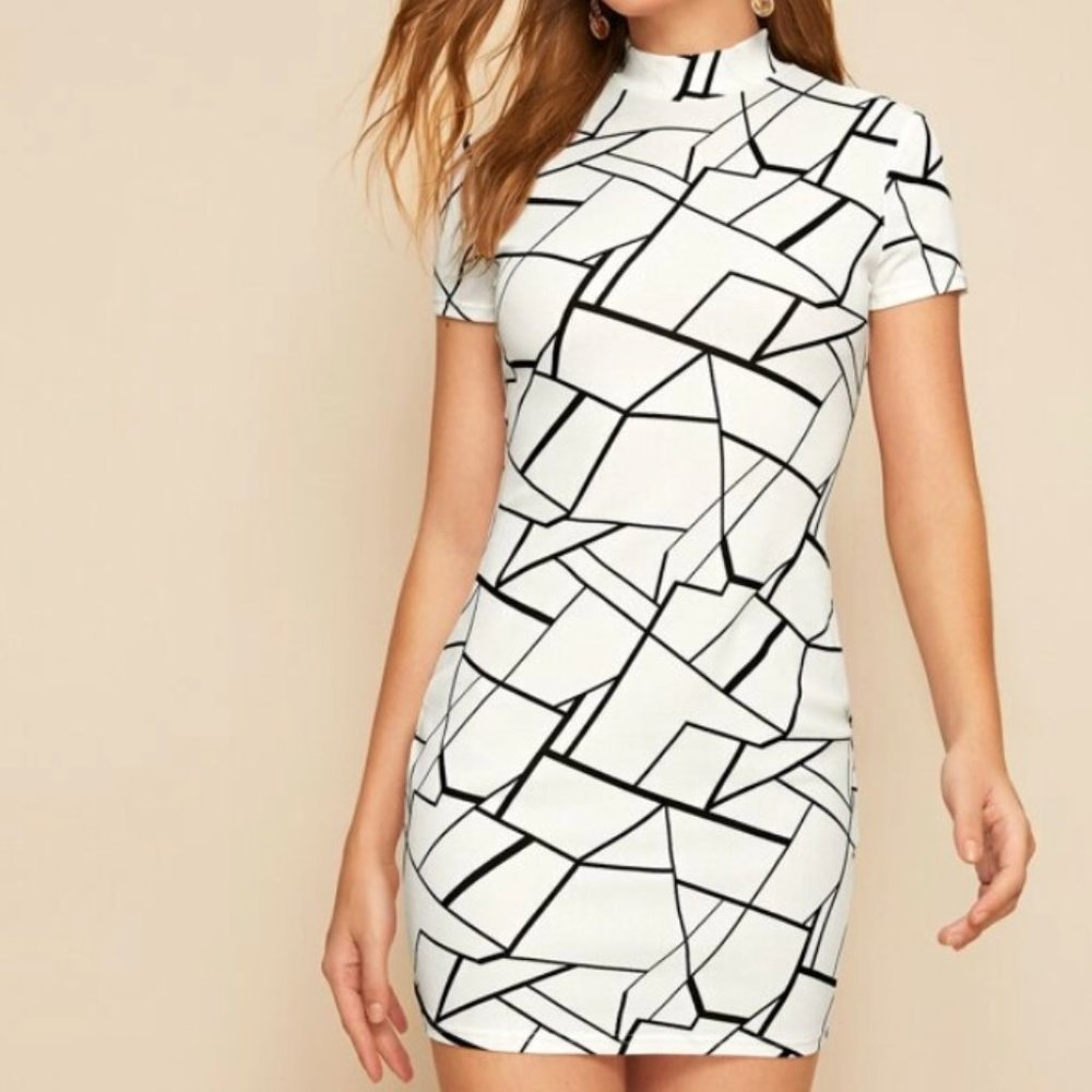 Mock-neck Geo Print Bodycon Dress